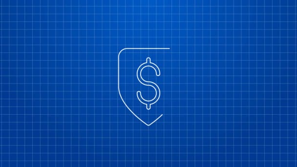 Escudo de línea blanca con símbolo de dólar icono aislado sobre fondo azul. Protección del escudo de seguridad. Concepto de seguridad monetaria. Animación gráfica de vídeo 4K — Vídeo de stock