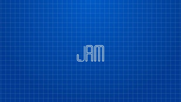 白色的Jam罐子图标在蓝色背景上被隔离。4K视频运动图形动画 — 图库视频影像
