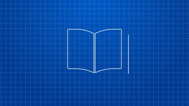 Linea bianca Apri l'icona del libro isolata su sfondo blu. Animazione grafica 4K Video motion — Video Stock