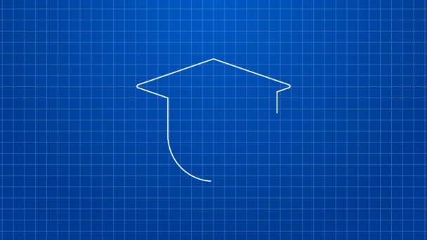 Línea blanca Tapa de graduación en el icono del globo aislado sobre fondo azul. Símbolo de educación mundial. Concepto de aprendizaje en línea o aprendizaje electrónico. Animación gráfica de vídeo 4K — Vídeo de stock