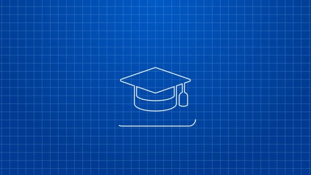 White line Online education and graduation icon isolated on blue background. Online teacher on monitor. Webinar and video seminar learning. 4K Video motion graphic animation — Stock Video