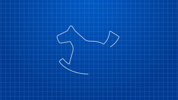 Linha branca Cavalo de madeira no balanço da sela para o ícone das crianças pequenas isolado no fundo azul. Animação gráfica em movimento de vídeo 4K — Vídeo de Stock