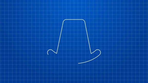 White line Leprechaun hat icon isolated on blue background. Happy Saint Patricks day. National Irish holiday. 4K Video motion graphic animation — Stock Video