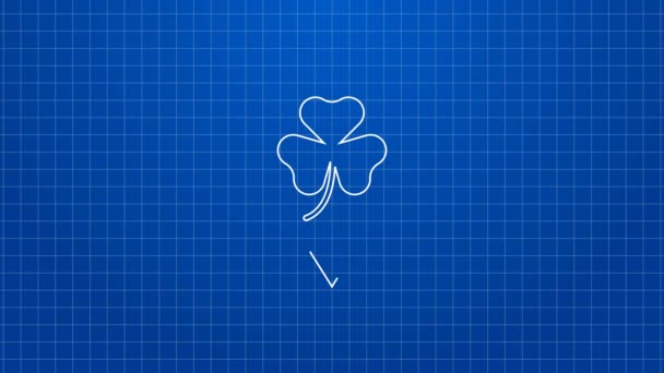 White line Clover trefoil leaf icon isolated on blue background. Happy Saint Patricks day. National Irish holiday. 4K Video motion graphic animation — Stock Video
