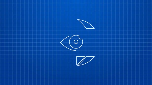 Línea blanca Gran hermano ojo electrónico icono aislado sobre fondo azul. Tecnología de vigilancia global, sistemas informáticos y seguridad de las redes. Animación gráfica de vídeo 4K — Vídeos de Stock