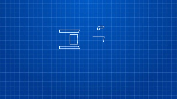 Bílá čára Cafe a restaurace umístění ikona izolované na modrém pozadí. Znak vidličkové a lžíce uvnitř přesně ukazuje. Grafická animace pohybu videa 4K. — Stock video