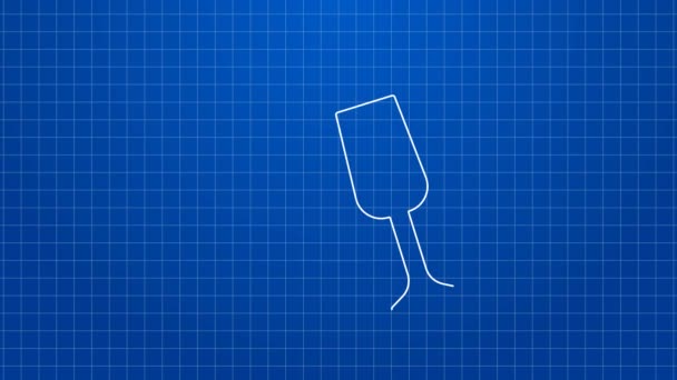 Biała linia Szkło ikony szampana izolowane na niebieskim tle. Wesołych Świąt i szczęśliwego Nowego Roku. 4K Animacja graficzna ruchu wideo — Wideo stockowe