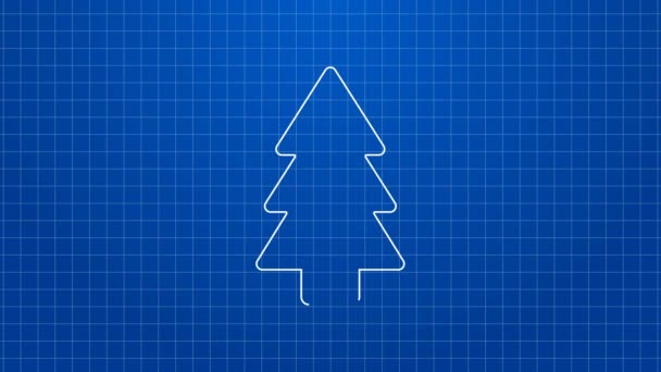 Fehér vonal karácsonyfa dekoráció ikon elszigetelt kék háttér. Boldog karácsonyt és boldog új évet! 4K Videó mozgás grafikus animáció — Stock videók