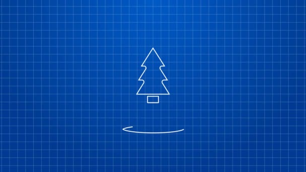 Λευκή γραμμή εικονίδιο χριστουγεννιάτικο δέντρο απομονώνονται σε μπλε φόντο. Καλά Χριστούγεννα και Καλή Χρονιά. 4K Γραφική κίνηση κίνησης βίντεο — Αρχείο Βίντεο