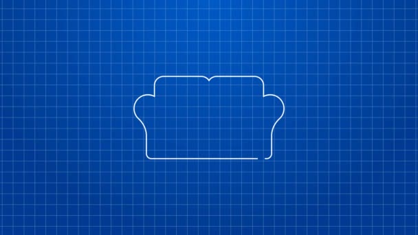 Canapé ligne blanche icône isolée sur fond bleu. Animation graphique de mouvement vidéo 4K — Video
