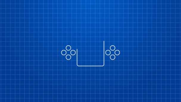 Línea blanca Icono de consola de videojuegos portátil aislado sobre fondo azul. Juegos de consola de mano. Animación gráfica de vídeo 4K — Vídeos de Stock