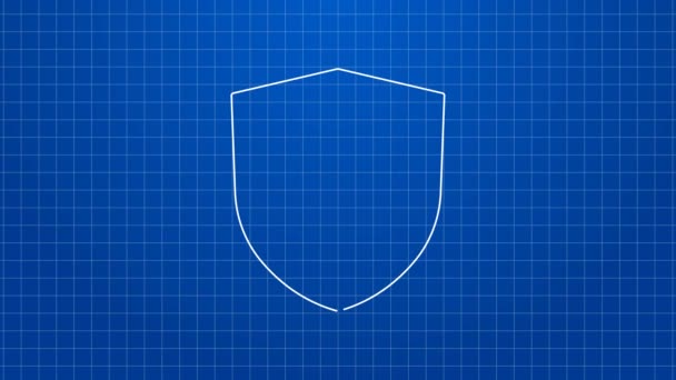 Fehér vonal Szállítási biztonság pajzs ikon elszigetelt kék háttér. Szállítási biztosítás. Biztosított kartondoboz a pajzs mögött. 4K Videó mozgás grafikus animáció — Stock videók