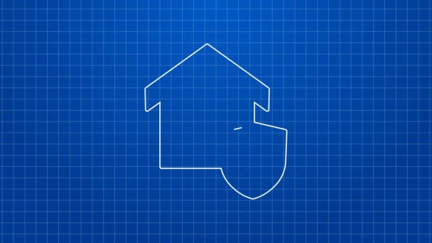 Weiße Linie Haus mit Schild-Symbol isoliert auf blauem Hintergrund. Versicherungskonzept. Sicherheit, Sicherheit, Schutz, Schutzkonzept. 4K Video Motion Grafik Animation — Stockvideo