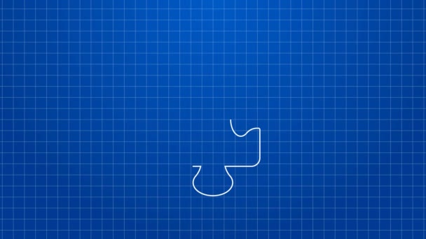Linha branca Puzzle peças brinquedo ícone isolado no fundo azul. Animação gráfica em movimento de vídeo 4K — Vídeo de Stock