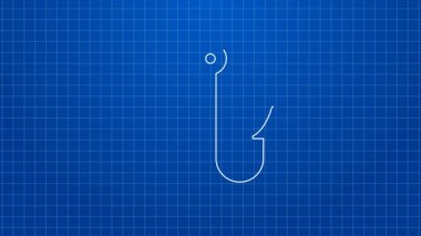 Beyaz çizgili olta kancası ikonu mavi arkaplanda izole edilmiş. Balık oltası. 4K Video hareketli grafik canlandırması