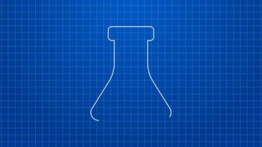 Beyaz çizgi petrol test tüpü ikonu mavi arkaplanda izole edildi. Komiklik şişesi ve düşen damla. 4K Video hareketli grafik canlandırması