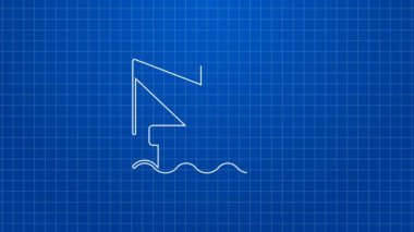 Deniz ikonundaki beyaz çizgi petrol platformu mavi arka planda izole edilmiş. Denizde sondaj kulesi. Petrol platformu, doğalgaz, deniz aşırı sanayi. 4K Video hareketli grafik canlandırması