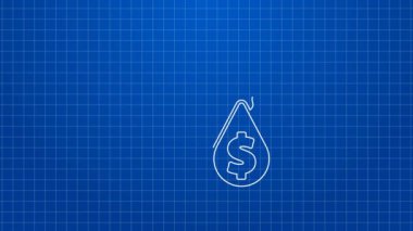 Mavi arka planda dolar sembolü simgesi olan beyaz çizgi yağı damlası. Petrol fiyatı. Petrol ve petrol endüstrisi. 4K Video hareketli grafik canlandırması