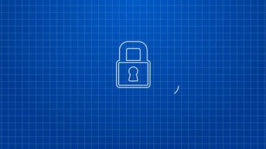 Mavi arkaplanda beyaz çizgi kilidi simgesi izole edildi. Asma kilit işareti. Güvenlik, güvenlik, koruma, gizlilik kavramı. 4K Video hareketli grafik canlandırması