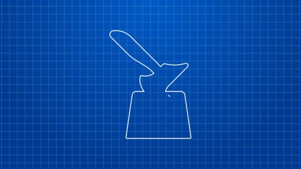 White line Wooden axe in stump icon isolated on blue background. Lumberjack axe. Axe stuck in wood. Chopping wood. 4K Video motion graphic animation — Stock Video