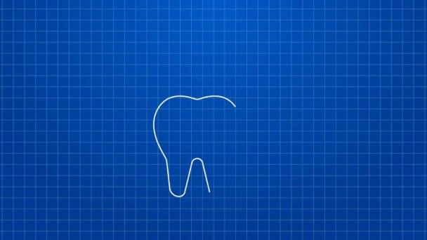 Weiße Linie Zahn mit Karies und Zahnbohrer Symbol isoliert auf blauem Hintergrund. Karies. 4K Video Motion Grafik Animation — Stockvideo