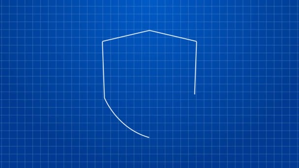 Vit linje Tandskydd ikon isolerad på blå bakgrund. Tand på sköld logotyp. 4K Video motion grafisk animation — Stockvideo