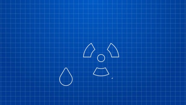 White line Acid rain and radioactive cloud icon isolated on blue background. Effects of toxic air pollution on the environment. 4K Video motion graphic animation — Stockvideo