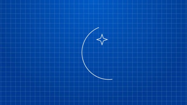 白い線青い背景に月と星のアイコンが孤立しています。曇った夜の看板。睡眠夢のシンボル。満月だ。夜やベッドの時刻表示。4Kビデオモーショングラフィックアニメーション — ストック動画