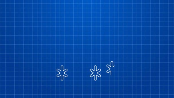 Linea bianca Nuvola con icona di neve isolata su sfondo blu. Nuvola con fiocchi di neve. Icona del tempo singolo. Segno di neve. Animazione grafica 4K Video motion — Video Stock