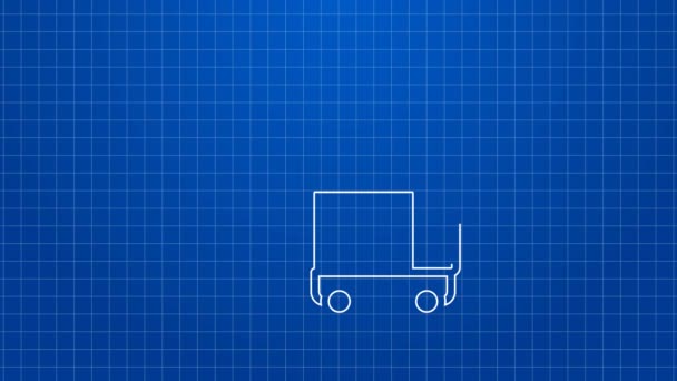 ホワイトライン青色の背景に隔離された配送貨物トラック車両アイコン。4Kビデオモーショングラフィックアニメーション — ストック動画