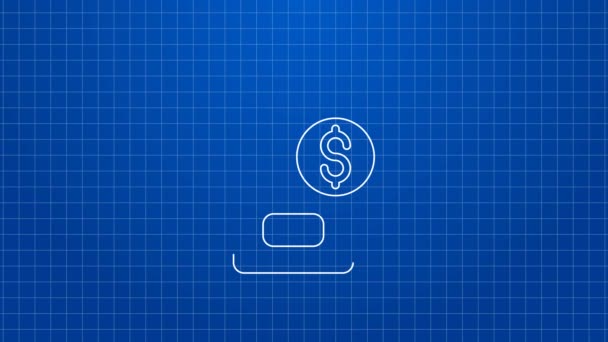 Línea blanca Smartphone con símbolo de dólar icono aislado sobre fondo azul. Concepto de compras online. Icono financiero del teléfono móvil. Pago en línea. Animación gráfica de vídeo 4K — Vídeo de stock