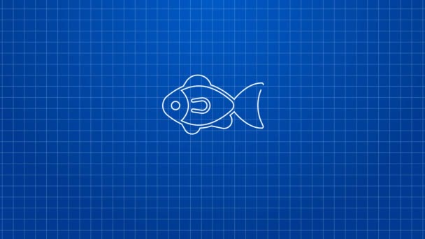 Línea blanca Localización icono de pesca aislado sobre fondo azul. Lugar de pesca. Animación gráfica de vídeo 4K — Vídeos de Stock