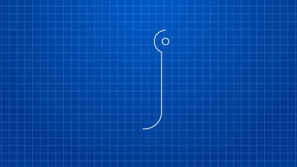 White line Fishing hook icon isolated on blue background. Fishing tackle. 4K Video motion graphic animation — Stock Video