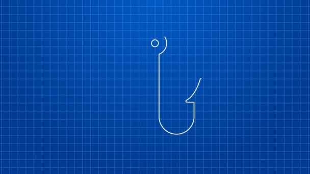 White line Fishing hook icon isolated on blue background. Fishing tackle. 4K Video motion graphic animation — Stock Video