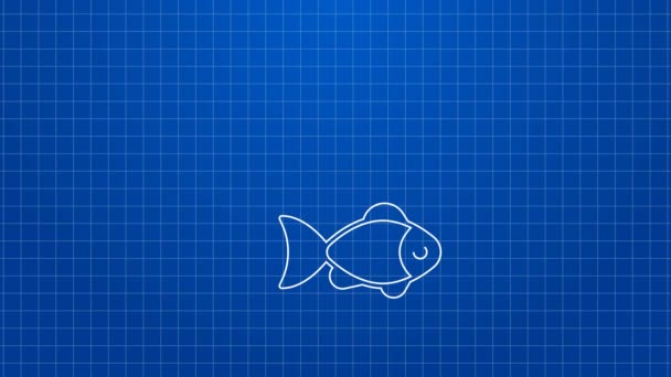 Suyun altında beyaz olta kancası ve mavi arka planda balık ikonu var. Balık oltası. 4K Video hareketli grafik canlandırması — Stok video