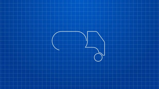 Witte lijn Tankwagen pictogram geïsoleerd op blauwe achtergrond. Aardolietanker, benzinetruck, reservoir, olietrailer. 4K Video motion grafische animatie — Stockvideo
