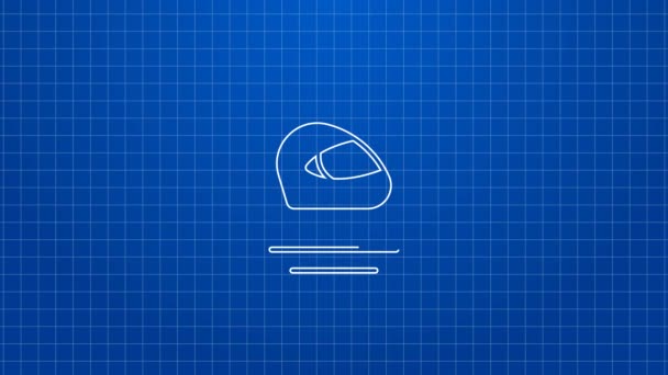 Bílá čára Racing helma ikona izolované na modrém pozadí. Extrémní sport. Sportovní vybavení. Grafická animace pohybu videa 4K — Stock video