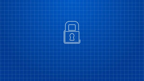 White line Lock icon isolated on blue background. Padlock sign. Security, safety, protection, privacy concept. 4K Video motion graphic animation — Stock Video