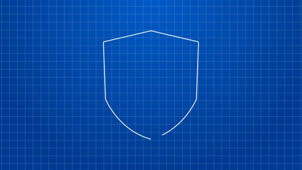 Weiße Linie Shield Sicherheit mit Schloss-Symbol isoliert auf blauem Hintergrund. Schutz, Sicherheit, Passwortsicherheit. Firewall Zugriff auf Privatsphäre Zeichen. 4K Video Motion Grafik Animation — Stockvideo
