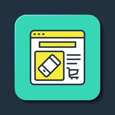 Çevrimiçi çevrimiçi alışveriş mavi arkaplanda izole edilmiş ekran simgesi. Konsept e-ticaret, e-ticaret, online iş pazarlama. Turkuaz kare düğme. Vektör