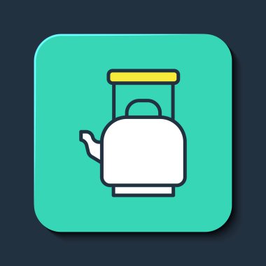 Kettle ana hatlarıyla doldurulmuş, mavi arkaplanda izole edilmiş bir simge var. Çaydanlık ikonu. Turkuaz kare düğme. Vektör
