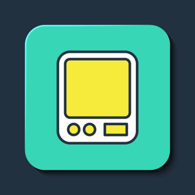 Mavi arka planda izole edilmiş Elektronik kahve ölçekli ikon. Ağırlık ölçüm aletleri. Turkuaz kare düğme. Vektör