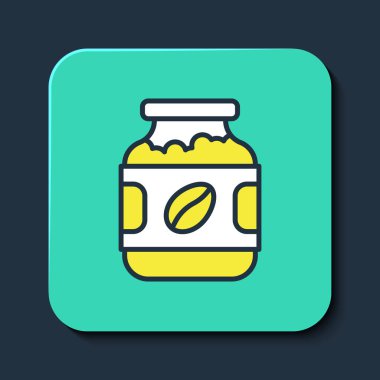 Doldurulmuş kahve kavanozu ikonu mavi arka planda izole edilmiş. Turkuaz kare düğme. Vektör