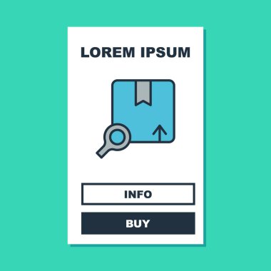 Doldurulmuş arama paketi simgesi turkuaz arkaplanda izole edildi. Paket izleme sembolü. Büyüteç ve karton kutu. Lojistik ve teslimat. Vektör