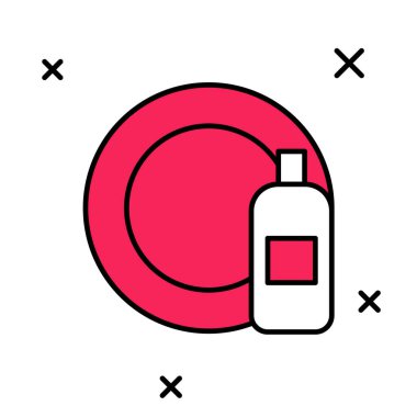 Beyaz arka planda izole edilmiş bulaşık deterjanı şişesi ve tabak ikonu dolu. Bulaşık yıkamak için sıvı deterjan. Vektör