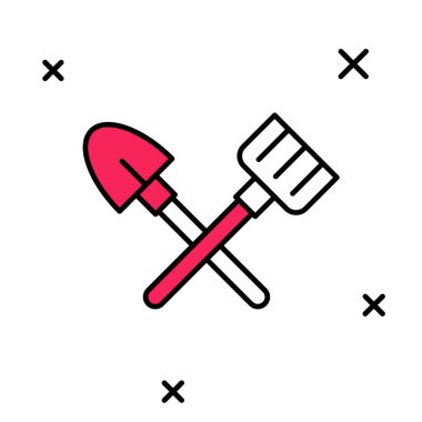 Kürek ve tırmık simgesi beyaz arkaplanda izole edildi. Bahçecilik, tarım, bahçıvanlık, çiftçilik aletleri. Toprak işçisi. Vektör