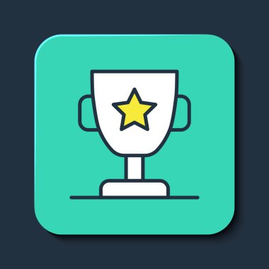 Taslak doldurulmuş ödül kupa simgesi mavi arkaplanda izole edildi. Galibiyet ödülü sembolü. Şampiyonluk ya da yarışma kupası. Spor başarısı işareti. Turkuaz kare düğme. Vektör