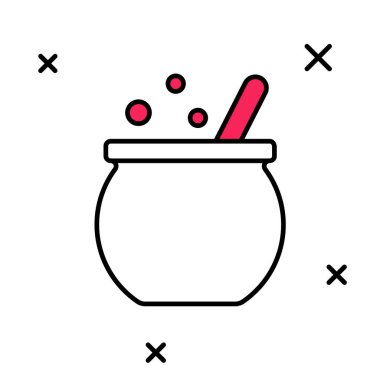 Beyaz arka planda izole edilmiş ana hatlı cadılar bayramı cadı kazanı ikonu. Mutlu Cadılar Bayramı Partisi. Vektör