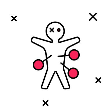 Beyaz arka planda izole edilmiş ana hatlı Voodoo bebek simgesi. Mutlu Cadılar Bayramı Partisi. Vektör