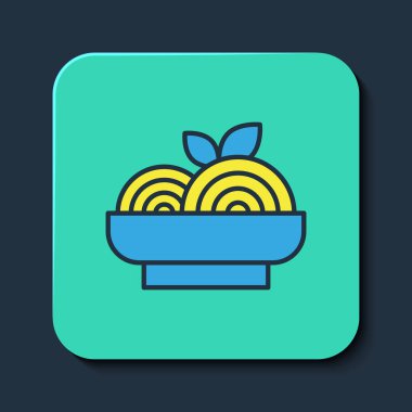 Mavi arka planda izole edilmiş ana hatlı makarna ikonu. İtalyan restoranı. Turkuaz kare düğme. Vektör